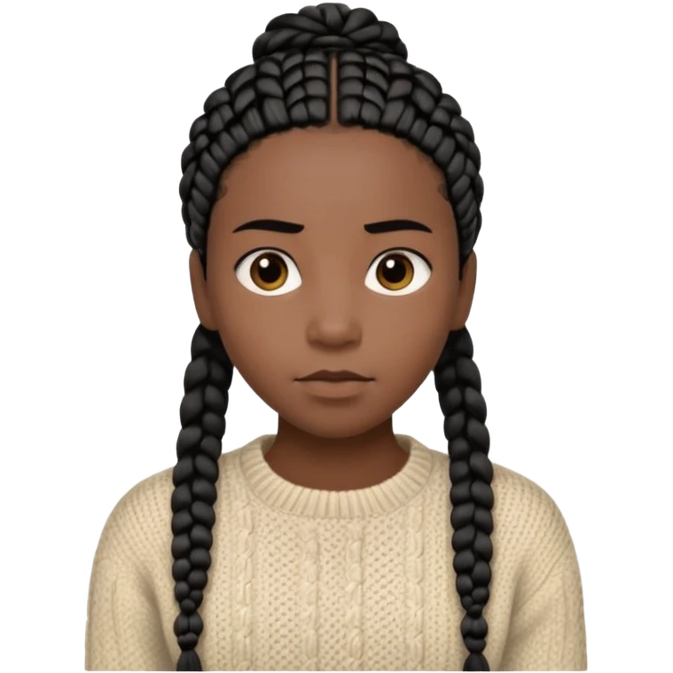 Her black skin glows warmly under the natural light, enhanced by the gentle textures of her knitted beige sweater and black hair in cornrows. her serene expression brings a quiet strength to the portrait.  emoji