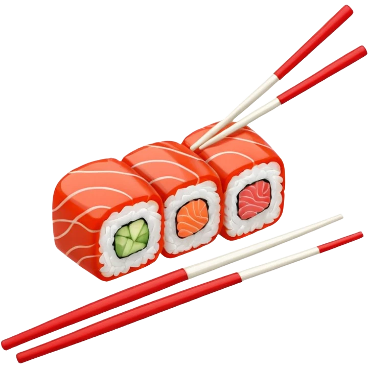 Japanese cuisine humanless avatar in minimalist emoji-style illustration. Sushi, roll and 2 chopsticks, clean lines, red white colors, flat design, calm and modern. emoji