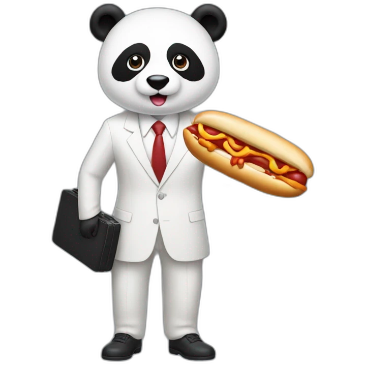 A professor with white suit and red tie and a panda face eating a hotdog and holding a black suitcase emoji