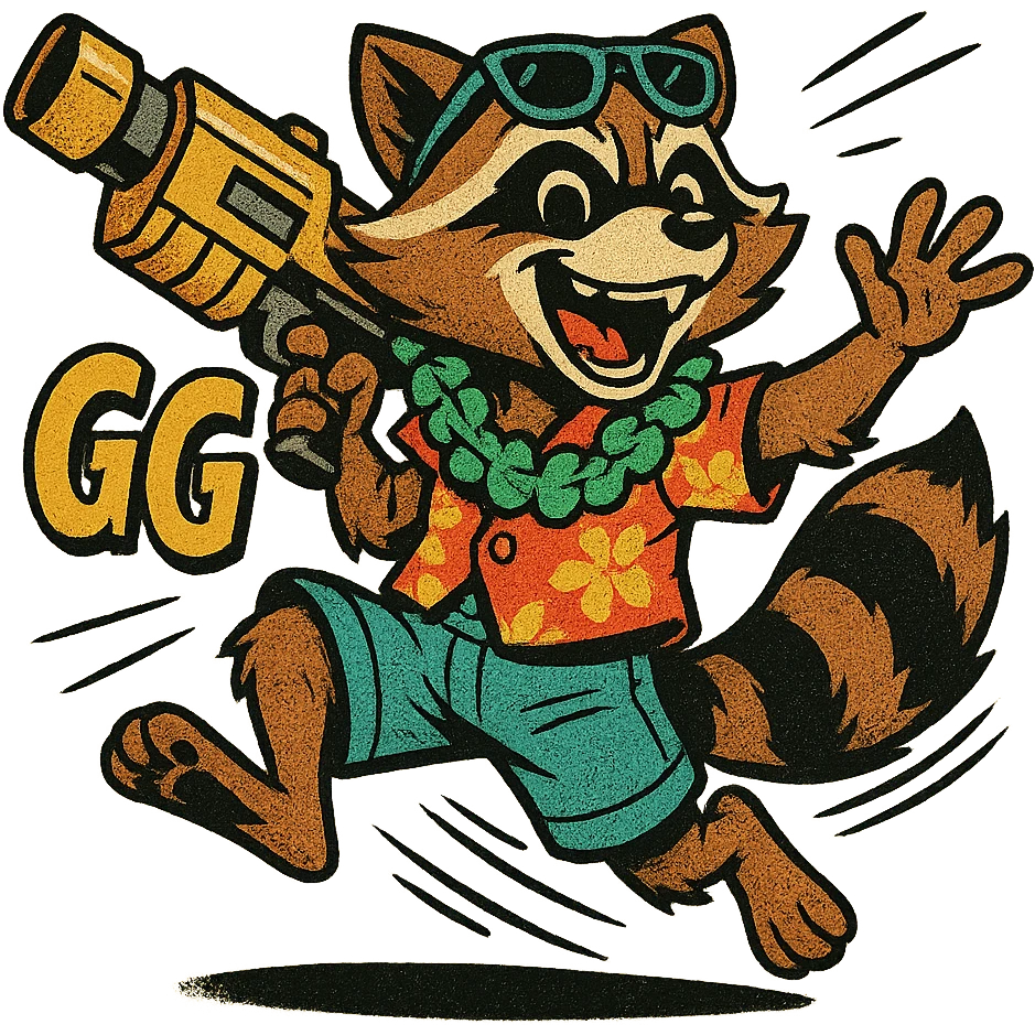 Rocket Raccoon Marvel Rivals summer skin, comic book style, with text 'GG', happy face, no background, based on provided reference emoji