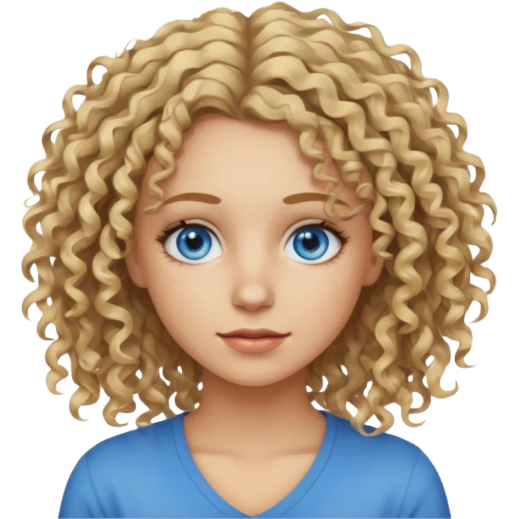 This is a 2D digital anime-style portrait of a female, caucasian, 29 years old light skin. The person has messy dirty blond curly hair, round blue eyes.  emoji