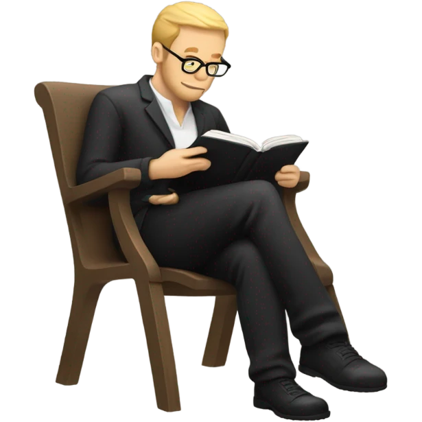 white person sitting on chair wearing black trousers  reading a book  emoji