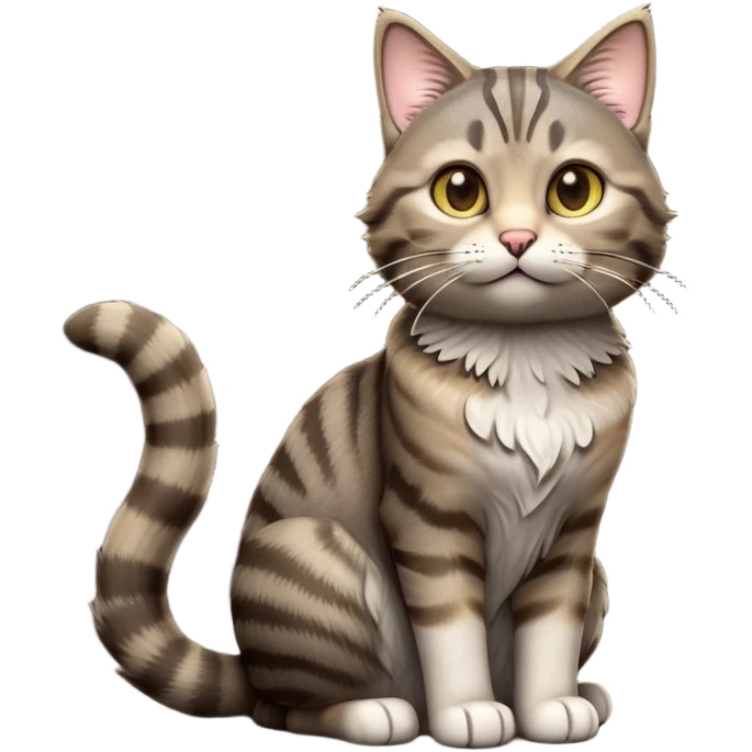 cinematic-[grey brown tabby cat]-realistic-full-body-sitting-emoji,-tail-curled-playfully-around-its-paws,-head-tilted-dramatically,-scruffy-[grey]-fur,-simplified-yet-realistic-focused-features,-highly-detailed,-glowing-with-an-almost-sarcastic-glow emoji