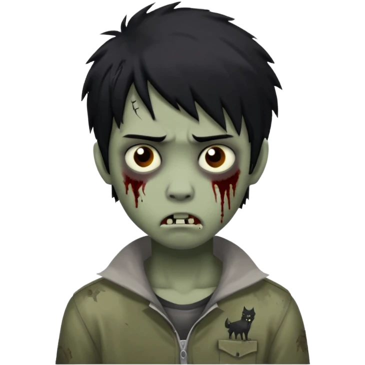 Boy, zombie, black hair, medium long,wolf cut, emo, shaggy, dark, spooky, creepy expression,sad emoji