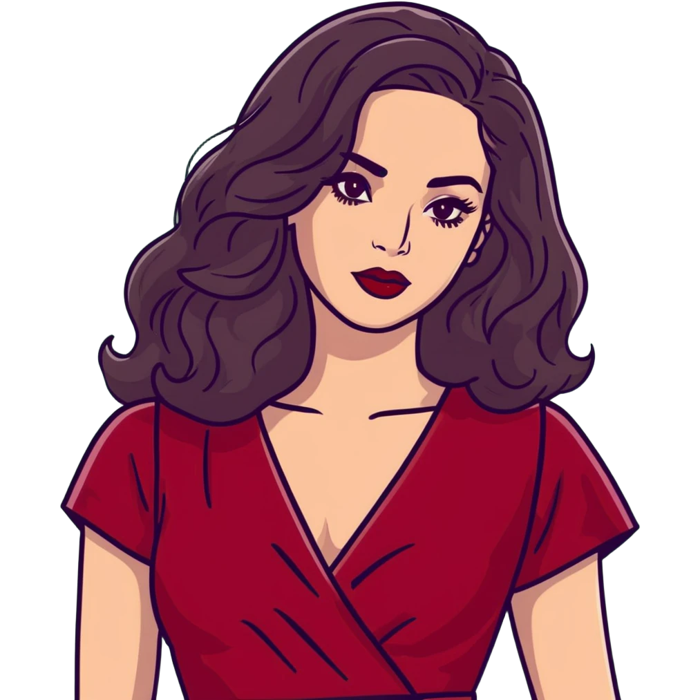 High-profile artistic woman with radiant complexion, long voluminous dark hair with soft waves, large almond eyes with bold eyeliner, defined brows, glamorous red lipstick, wearing sophisticated wine red velvet dress with V-neckline, elegant confident expression emoji