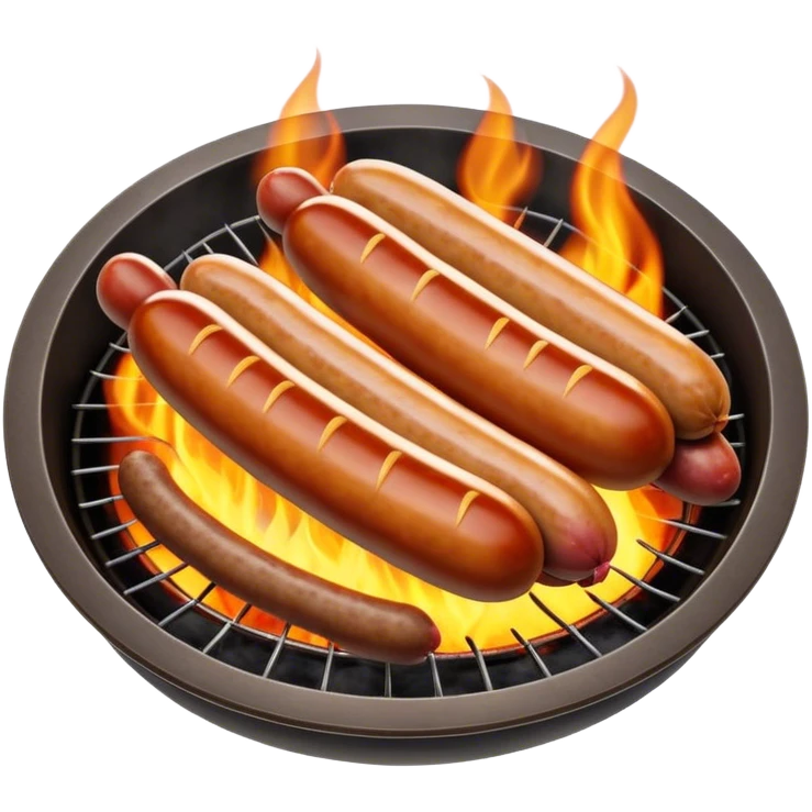 Cinematic Realistic Sausage Sizzle Dish Emoji, featuring sizzling sausages cooking over an open flame rendered with dynamic textures and warm, smoky lighting. emoji