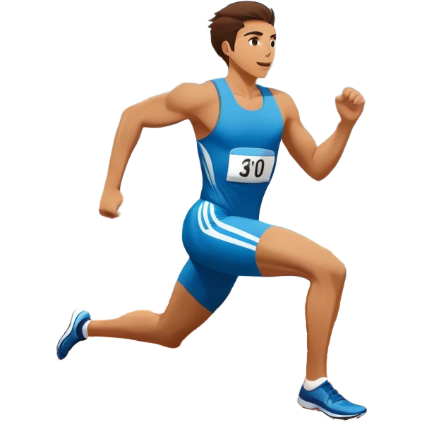 An icon symbolizing professional running: a dynamic sprinting athlete in motion on a track, leaving motion lines behind. The background features a large stadium with cheering crowds, a digital timer, and a clear blue sky. Transparent background emphasizes speed, endurance, and competition. emoji