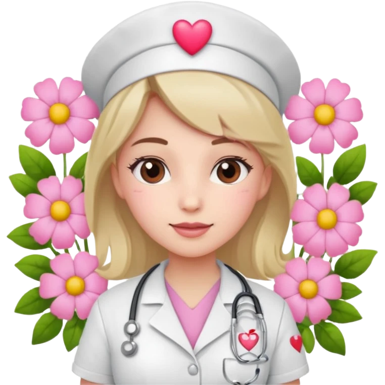 Nurse with pink heart and flowers surround her emoji