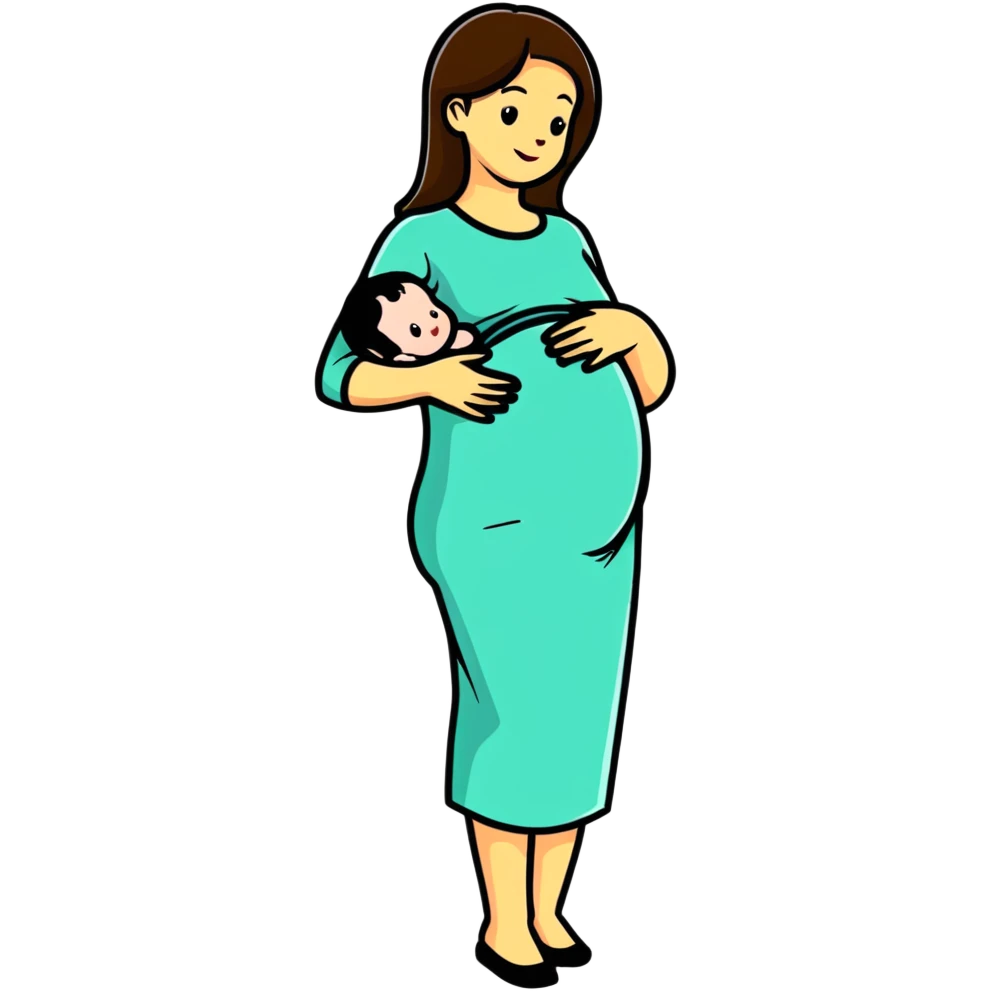 woman with small baby bump, just showing pregnancy emoji
