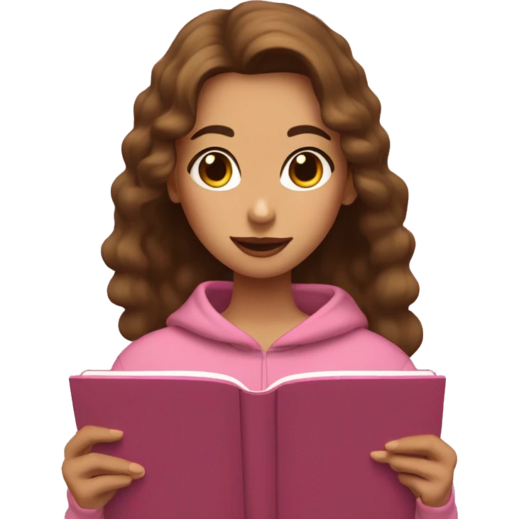 A girl with undulate brow hair and brow eyes is wearing a brown sweatshirt and is reading a pink book ping  emoji