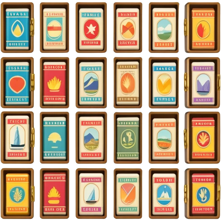 Icon for Matchbox Collecting: a collection of vintage and colorful matchboxes from different places, neatly displayed in a row or in a display case. The icon should reflect the uniqueness and diversity of matchbox collecting. Transparent background. emoji
