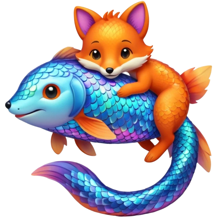 Make the rainbow fish glow a little larger, hugging or cuddling the fox emoji