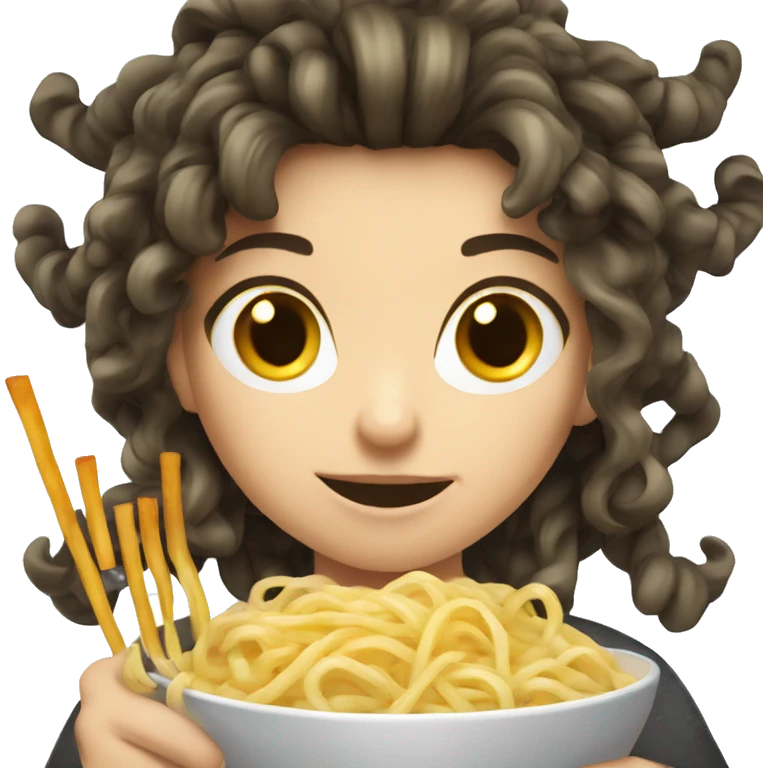 Caucasian girl with dark spiky hair eating noodles emoji