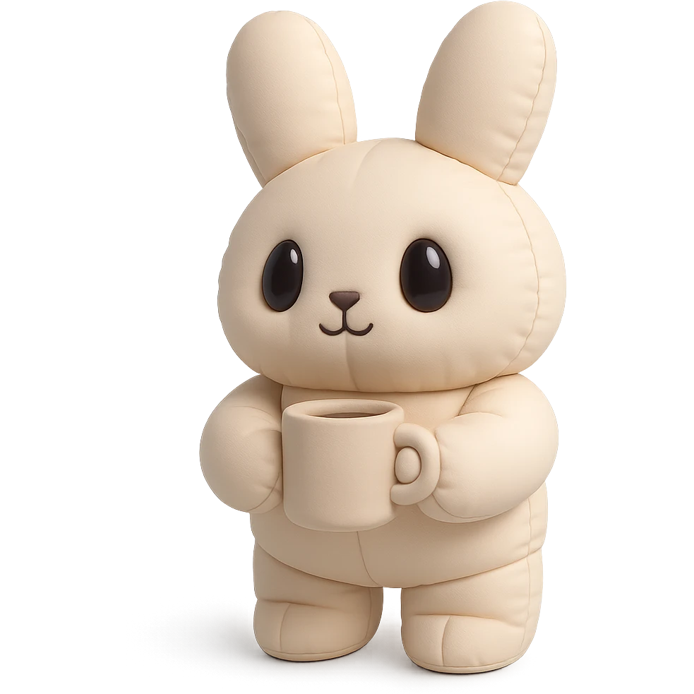 full-body fluffy cream bunny with big teardrop eyes holding a coffee mug with both hands, cozy expression, standing pose, pastel soft tones, cushion style emoji