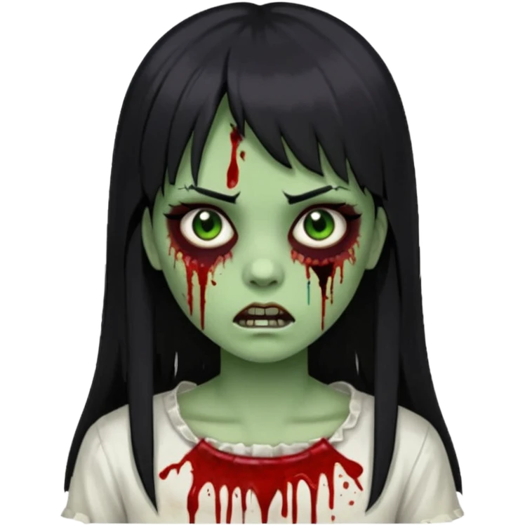 Emoji de uma garota com os cabelos longos, lisos e pretos. Ela usa uma franja curta. Tem a pele esverdeada e ferimentos no rosto cobertos com sangue, usa uma blusa branca rasgada e suja de poeira. Ela é uma zumbi emoji