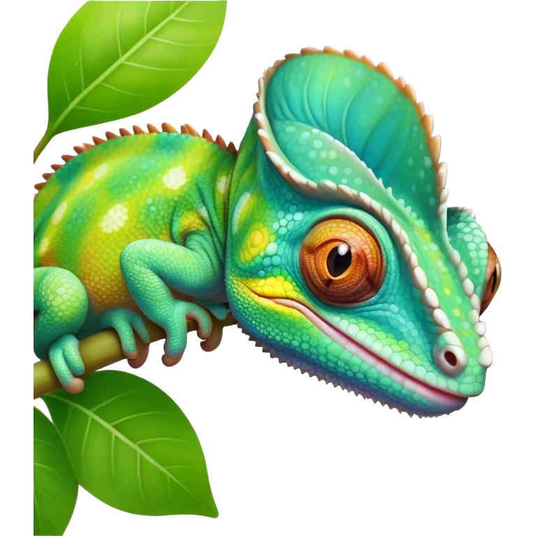 cinematic cute-smiling baby chameleon-realistic emoji,-blending-with-vibrant-greenery.-detailed-scales-in-shifting-colors,-showing-the-chameleon’s-ability-to-camouflage.-soft-natural-light-highlights-its-texture.-light-background, zoomed into its face emoji