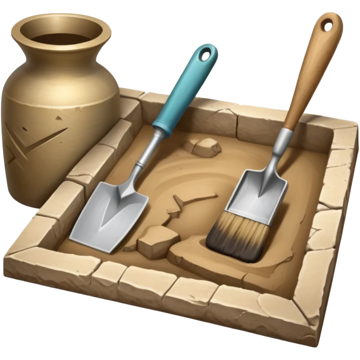 An icon showing an archaeologist’s tools: a trowel, brush, and a partially uncovered ancient artifact like a vase or tablet. The design includes a sandy excavation site with ruins in the background, symbolizing the discovery of past civilizations. Transparent background  emoji