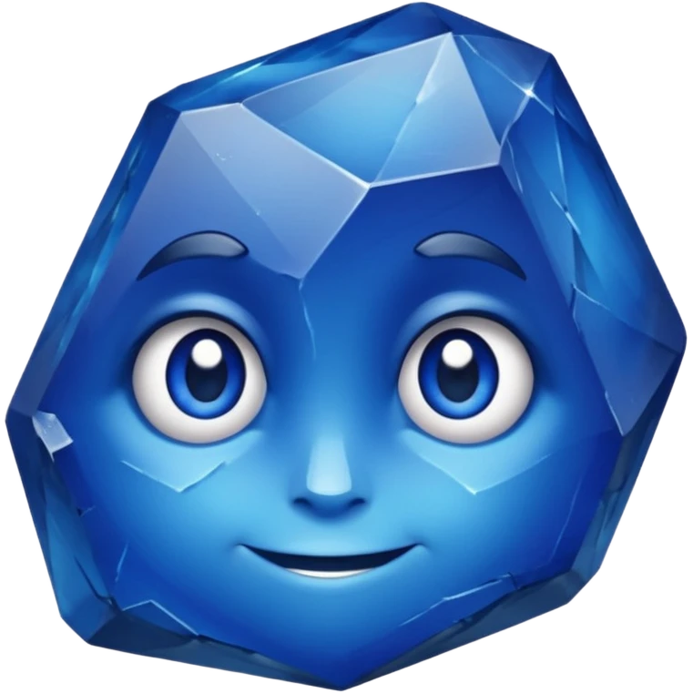A single sapphire-blue faceted rock head, chunky and worn, with a few visible cracks and chipped facets but still shiny, big kind eyes and a confident smile emoji