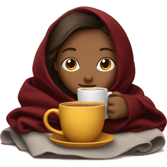 Brunette girl inside a maroon blanket sipping coffee eyes closed emoji