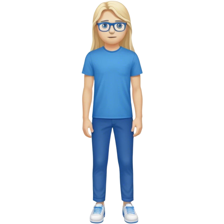 Cheveux  blond long,yeux bleu  t-shirt bleu pantalon bleu chaussure blanc lunettes blanches emoji