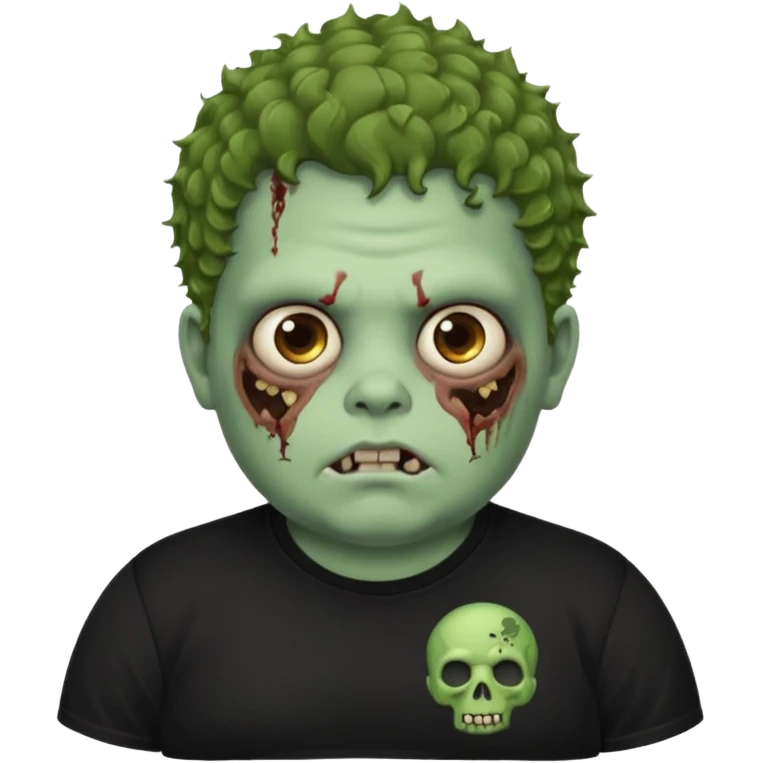 a zombie boy with brown curly hair and a fat double chin, with black t shirt emoji