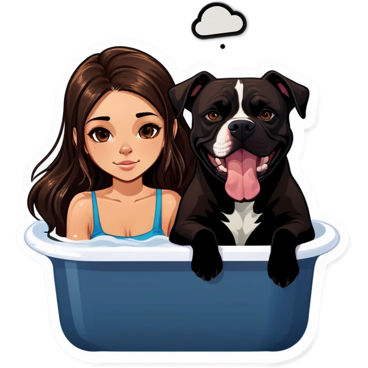 Beautiful young girl just slightly overweight with long dark choppy hair cascading over her shoulders holding her black iPhone with her medium brown dog with an under bath. It looks like a pitbull laying beside her. emoji