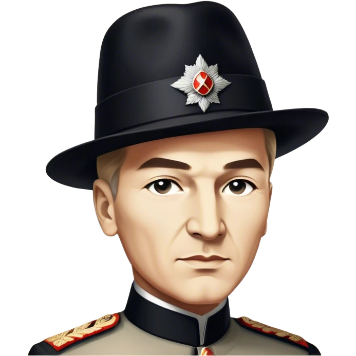 ​Cinematic Realistic Portrait of a Young Mustafa Kemal Atatürk, depicted in his iconic tall black hat and traditional attire with a confident, visionary expression, rendered with rich historical textures and warm, inspiring lighting that captures his youthful dynamism and transformative leadership, emoji