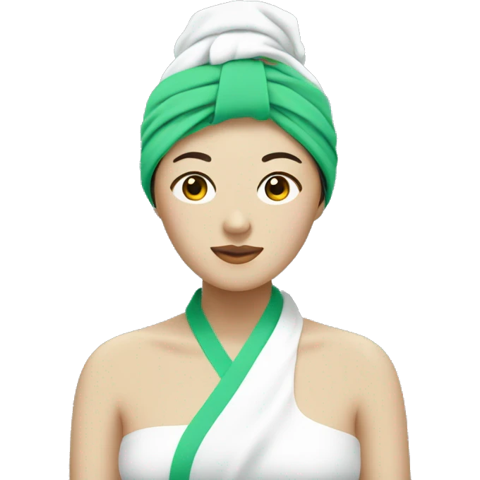 Asian woman wearing towel and towel in her head and a beauty green mask emoji