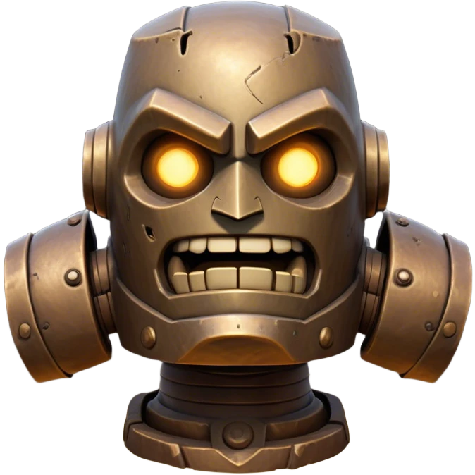 Cinematic Comical Mighty Iron Golem Portrait Emoji Head tilted dramatically with an exaggeratedly amused expression, featuring a bulky, armored form with a slightly lopsided stance, ancient runes flickering erratically, and one massive, jointed hand raised in a slow, deliberate wave. Wide, expressive glowing eyes give it an almost humorous, puzzled look, as if it’s contemplating something far beyond mortal understanding. Rendered with detailed metallic textures and deep, dynamic lighting, high shine, dramatic yet whimsical, styled with a hint of unexpected charm, soft glowing outline, capturing the essence of an endearing yet colossal guardian that looks ready to crack an impossibly slow, earth-shaking joke! emoji