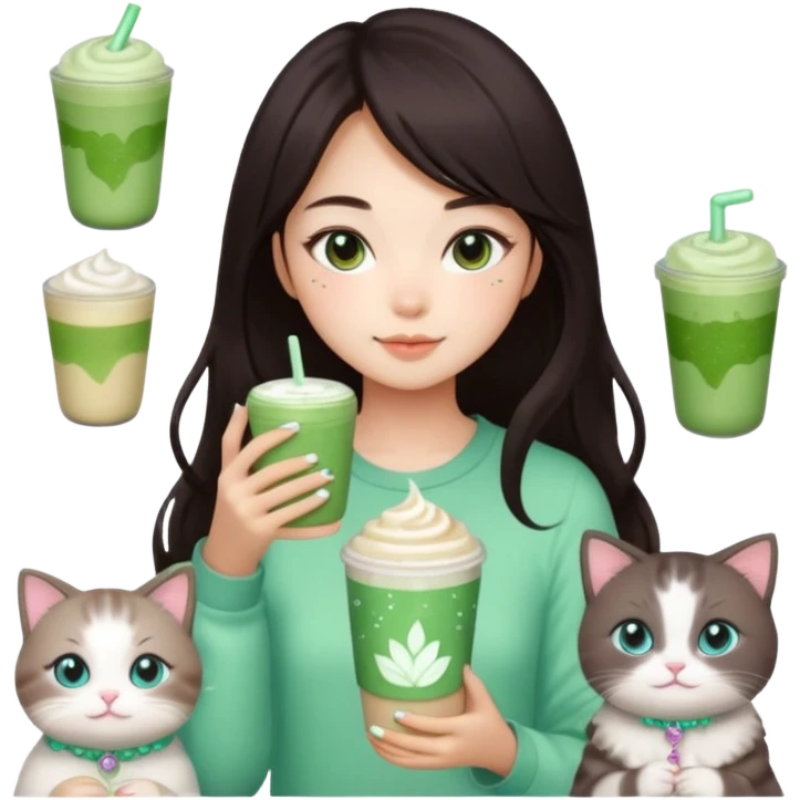 asian girl with shoart dark brown hair with a soft girl glowup aesthetic. matcha latte sparkles girly things, 2 ragdoll cats, skincare, makeup emoji