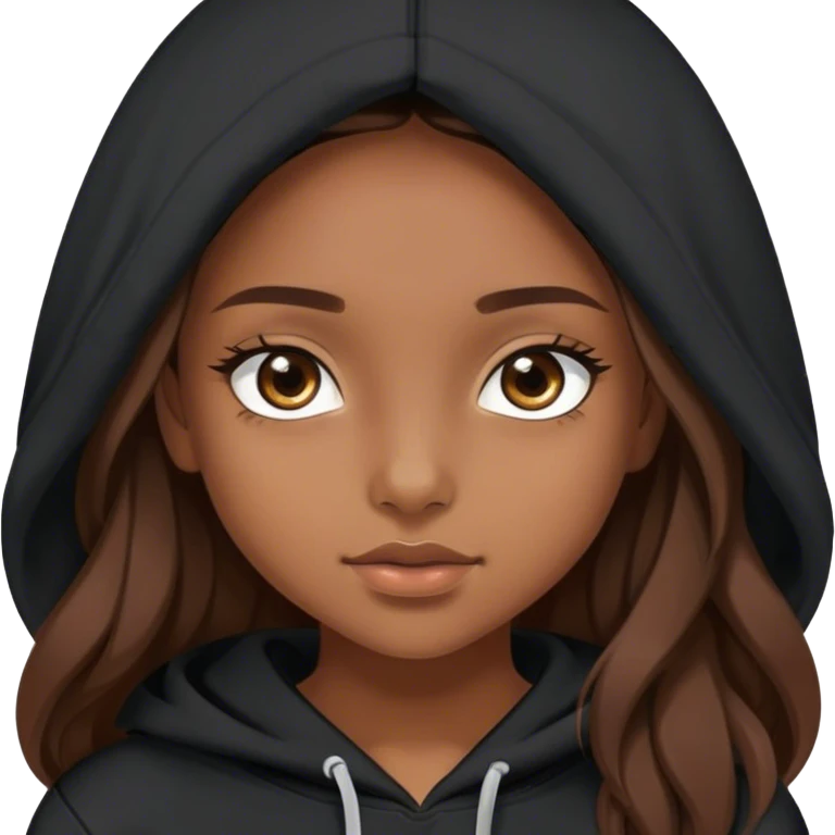 Brownskin pretty girl with black essentials hoodie with long brown hair brown eyes emoji