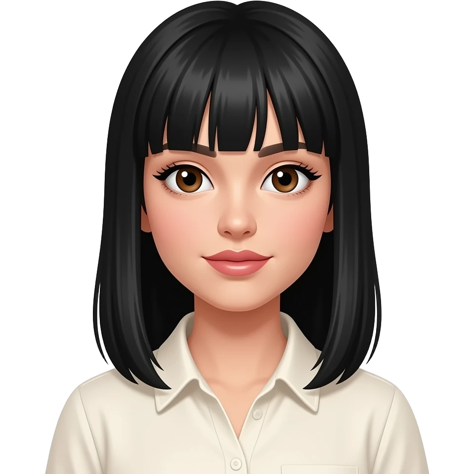 white girl, very beautiful woman, with big plump lips, long long lashes, black straight hair with long side bangs, brown eyes, cream shirt emoji