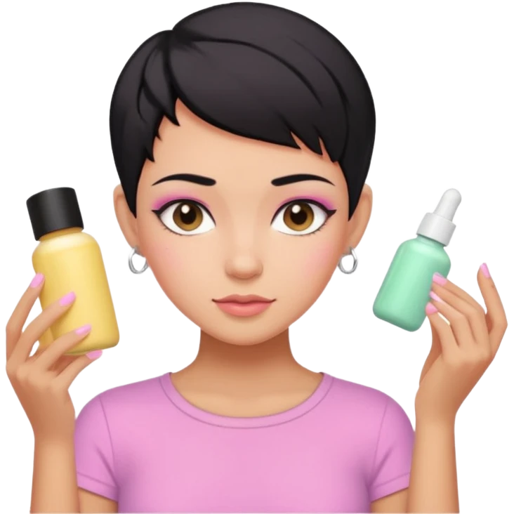 tan girl pink shirt with black hair & a pixie, cut no earrings, doing pastel colors skin care emoji