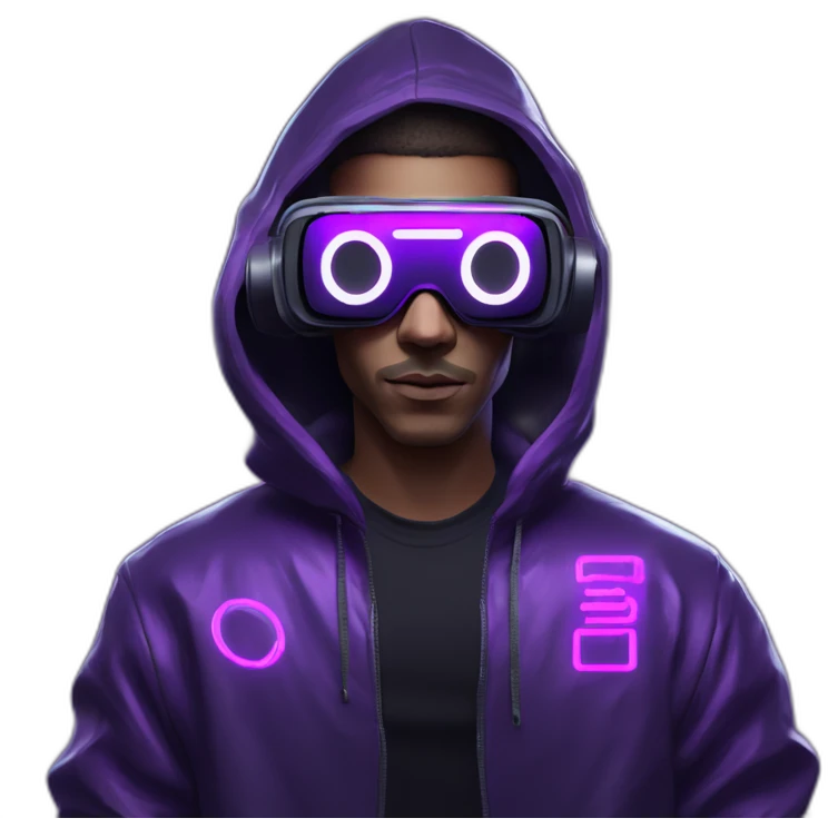 Cyberpunk style. Violet neon. Man with white-light skin in the black hoody with violet OMG VR logo on it wearing vr headset oculus quest 2 emoji