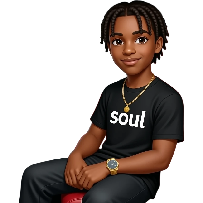 African American teenage boy with cornrow braids wearing a black shirt with the word soul on it wearing a gold watch wearing a gold tennis necklace sitting in a white Mercedes Benz G-Wagon with red interior emoji