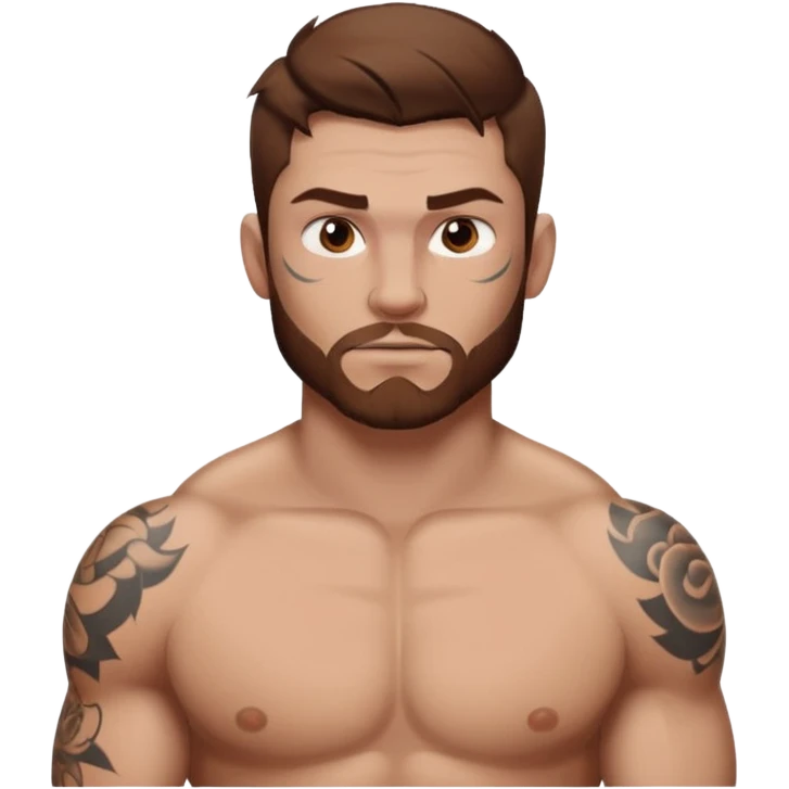 tattoo man, white skintone,brown hair, tattoos on face, more visible, bulky man with tattos on his chest. emoji