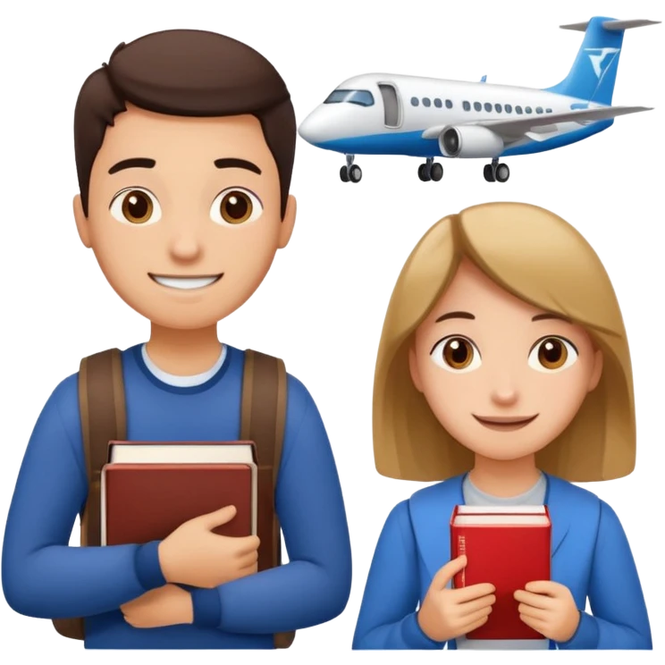 Create two emoji characters.

Left: a stressed student preparing for IELTS, holding books and coffee, tired face, exam stress.

Right: a happy confident student after IELTS, traveling abroad, airplane, university, freedom, smiling.

Style: Apple emoji, clean, simple, white background. emoji