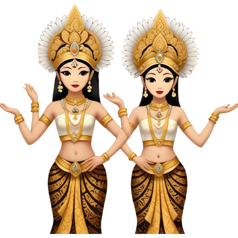 ​Cinematic Realistic Traditional Javanese Dancers, depicted as two graceful dancers in ornate traditional costumes with intricate batik patterns and elaborate headpieces, captured in dynamic poses during a ritual dance in an ancient temple courtyard, rendered with soft golden lighting and rich cultural textures, emoji