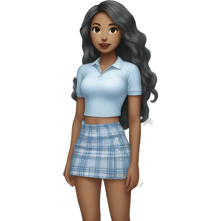 Pretty mixed Asian black girl with long wavy hair wearing a baby blue and white plaid mini skirt  emoji
