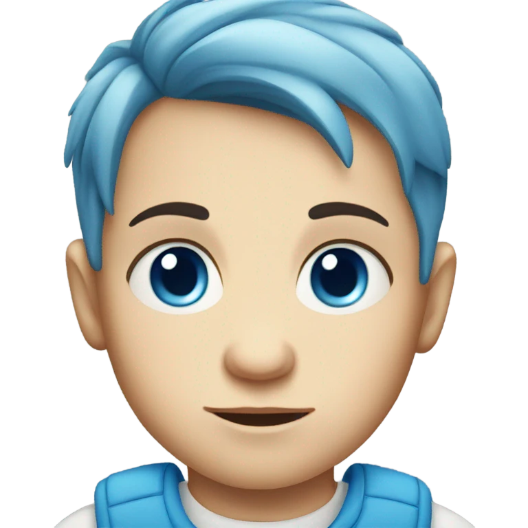 Serious baby Caucasian boy with blue eyes and blue hair emoji