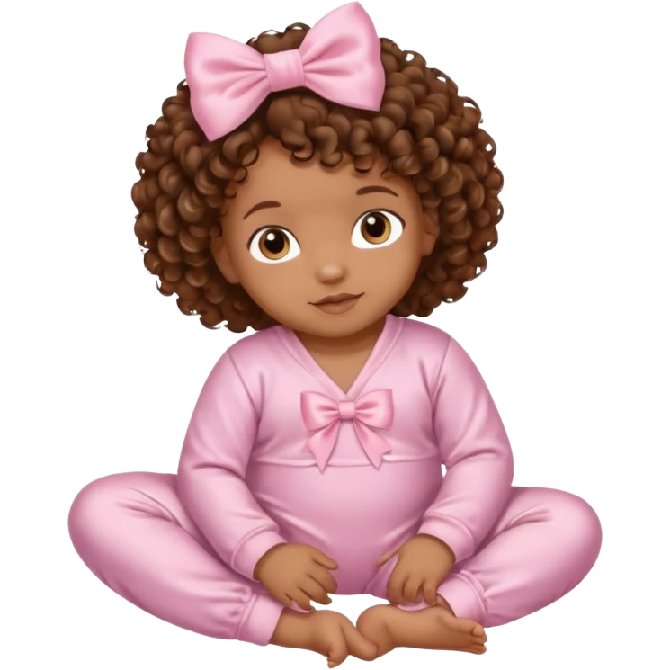 Brown skin 6 month old baby with brown curly hair down laying down with satin baby pink onesie and white bow emoji