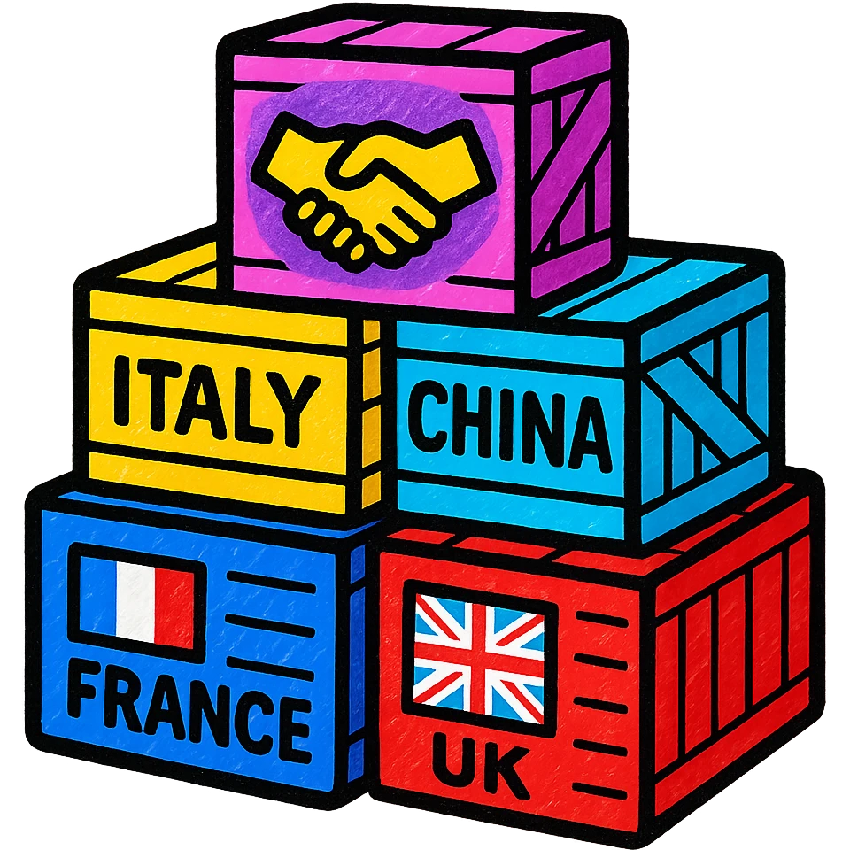 A lively icon of a stack of colorful shipping crates with international labels and a partnership symbol, using colors #1E90FF, #F13816, and #FFFFFF emoji