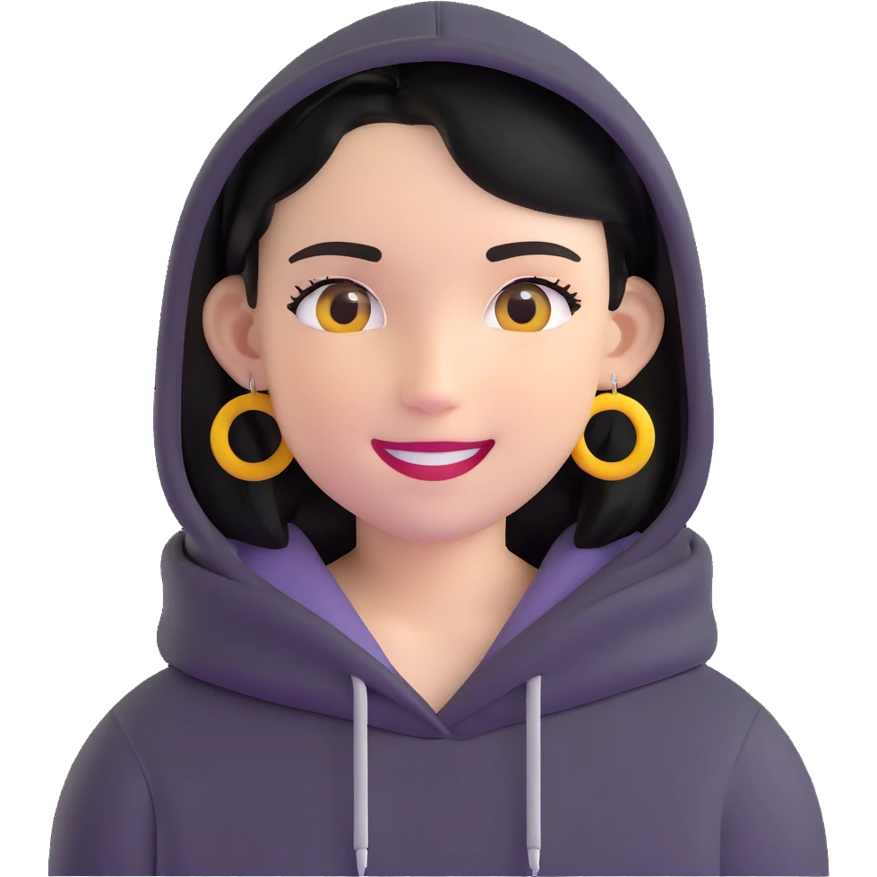 person with military cut black hair, brown eyes, wearing 2 circle earrings and a black hoodie with a smiley face emoji