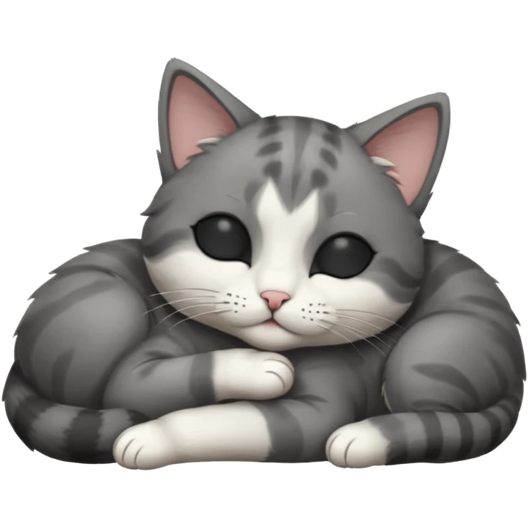 dark grey and white small cat with closed eyes, leaning his head on his paw while leaning on his elbow lying down emoji