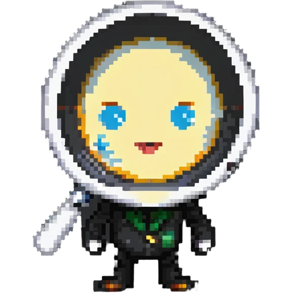 A pixelated character looking through a magnifying glass emoji