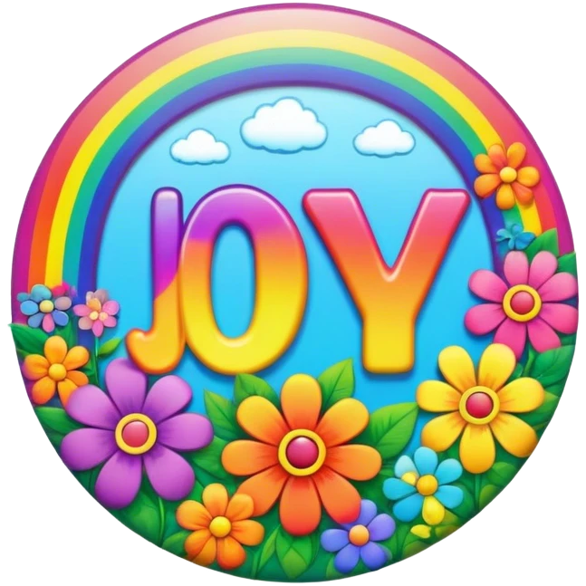 A round psychedelic colored button that says joy with rainbow colored hippie style flowers emoji