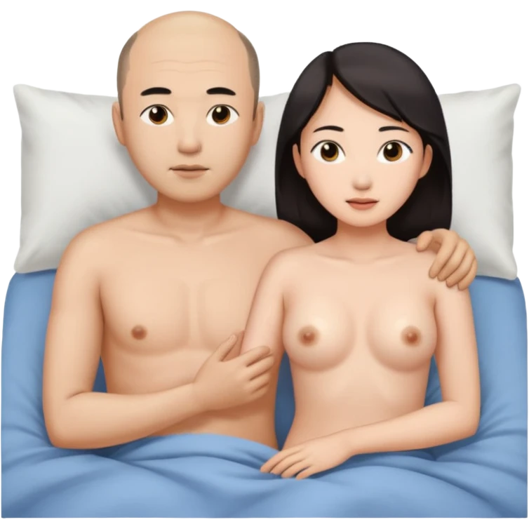 slightly balding asian man and asian woman naked in bed making love emoji