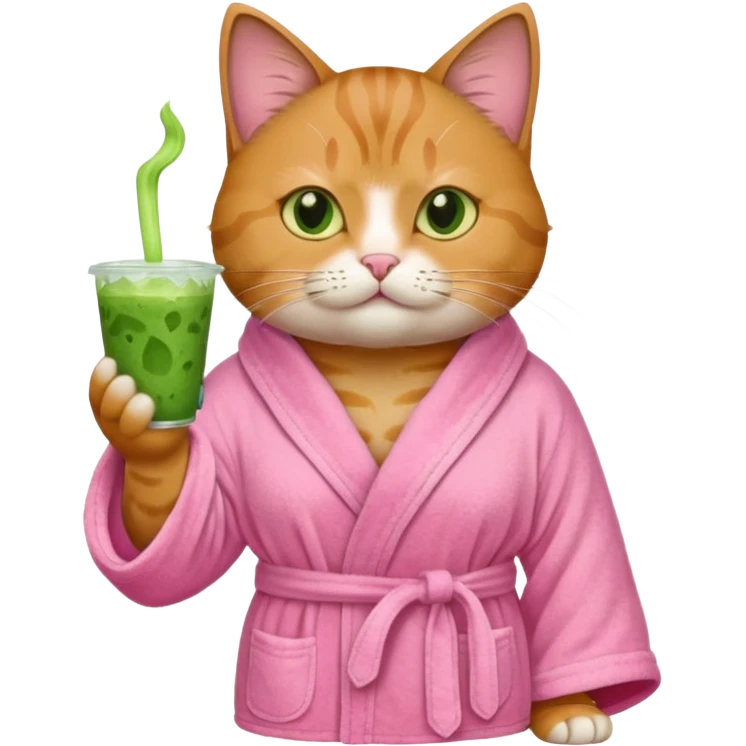 I want a CAT whit a iced macha on her paw and i want her to ne wearing a pink bath rope emoji