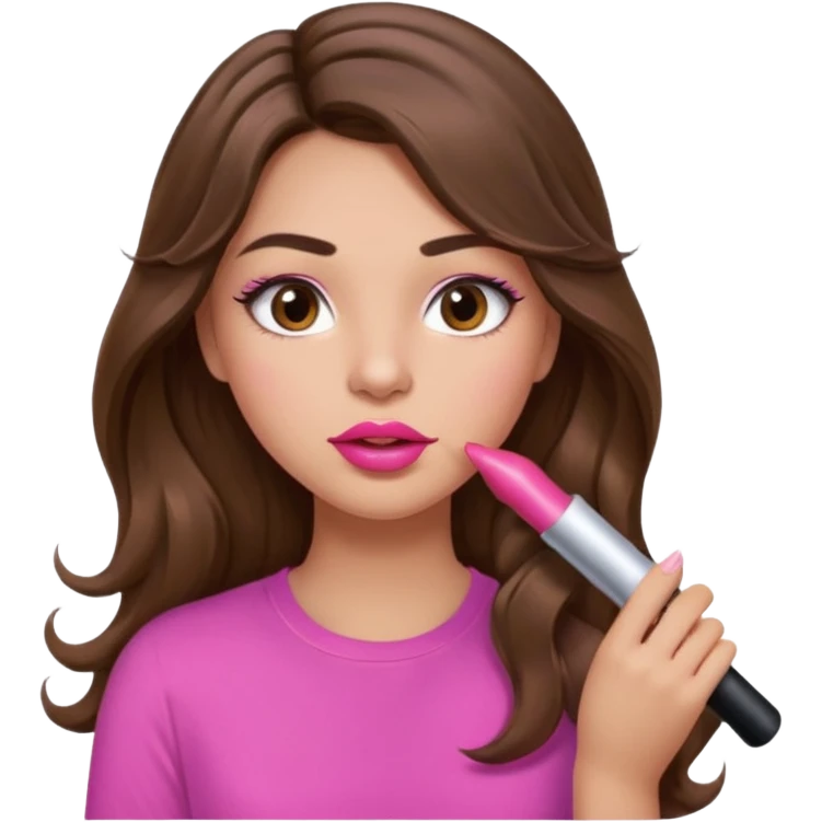 girl with long wavy brown hair, brown eyes, light to medium complexion, in a pink shirt, pink lips, long lashes, puckered lips, putting on lipstick emoji