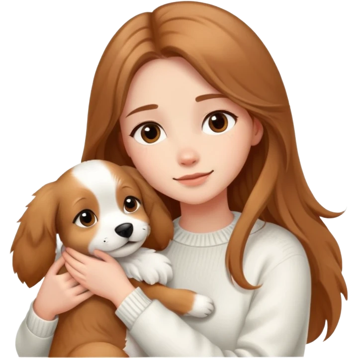 a girl with long light brown hair, in a white sweater, hugs a cute one dog. emoji